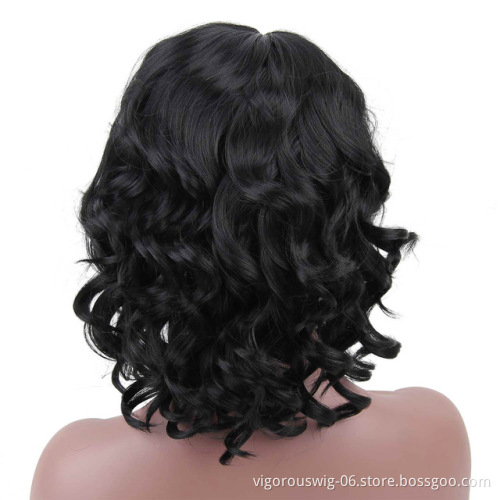 Vigorous Synthetic Curly Wave Wig Heat Resistant Natural Black Bob Style Wig with Inclined Bangs for Women Daily Party